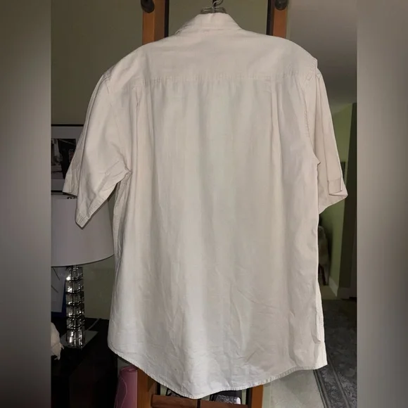 Woolrich-Dyed Pure Cotton Pima Ripstop Short Sleeve Cream Button Up Shirt Size L - Picture 3 of 4